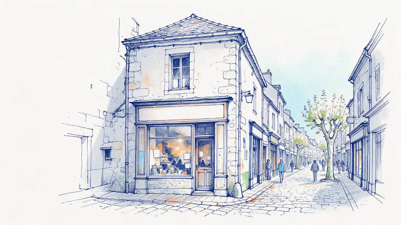 Illustration d'une rue commerçante pavée du centre de Saint-Pourçain-sur-Sioule